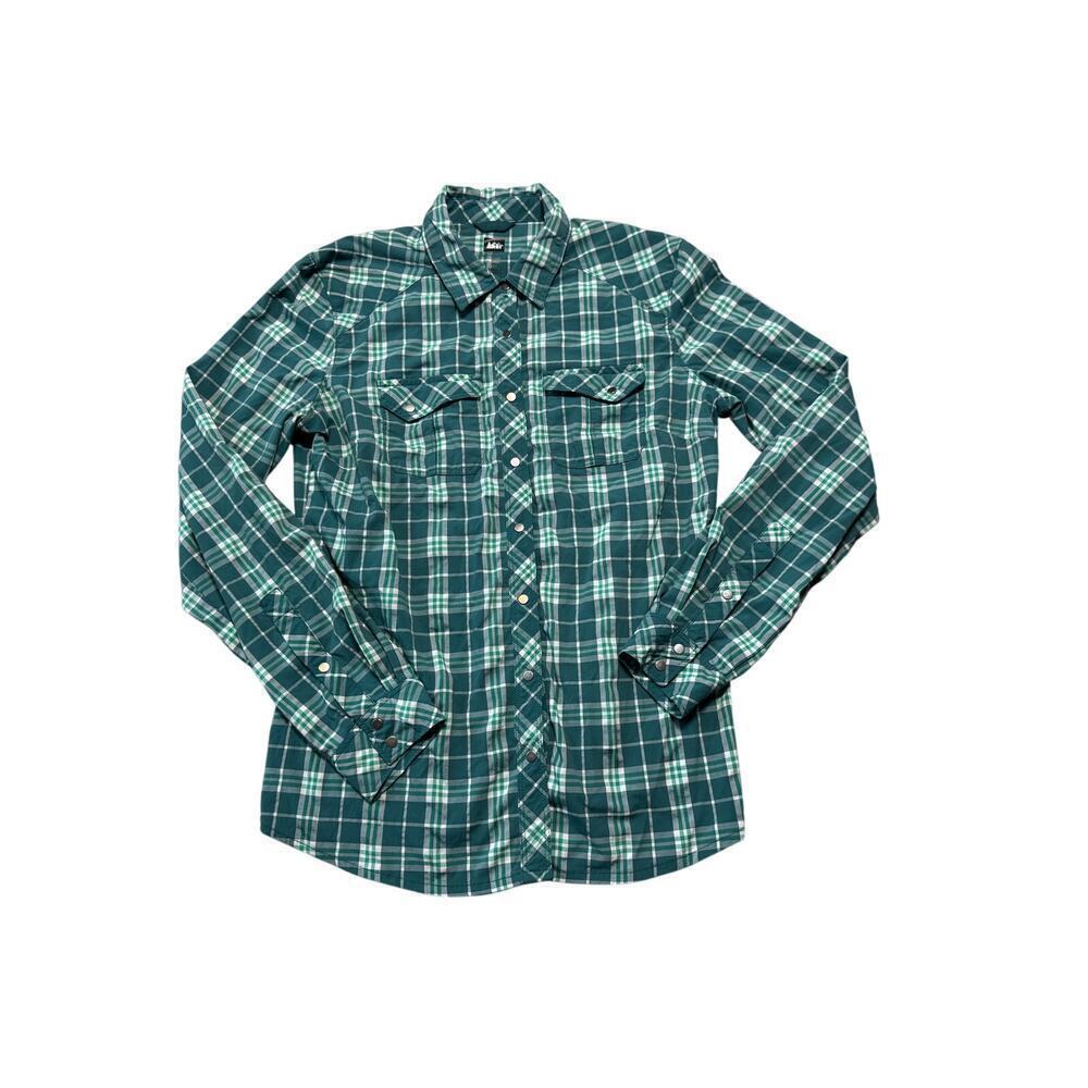 REI women’s snap up shirt, size Small; lightweight green Plaid